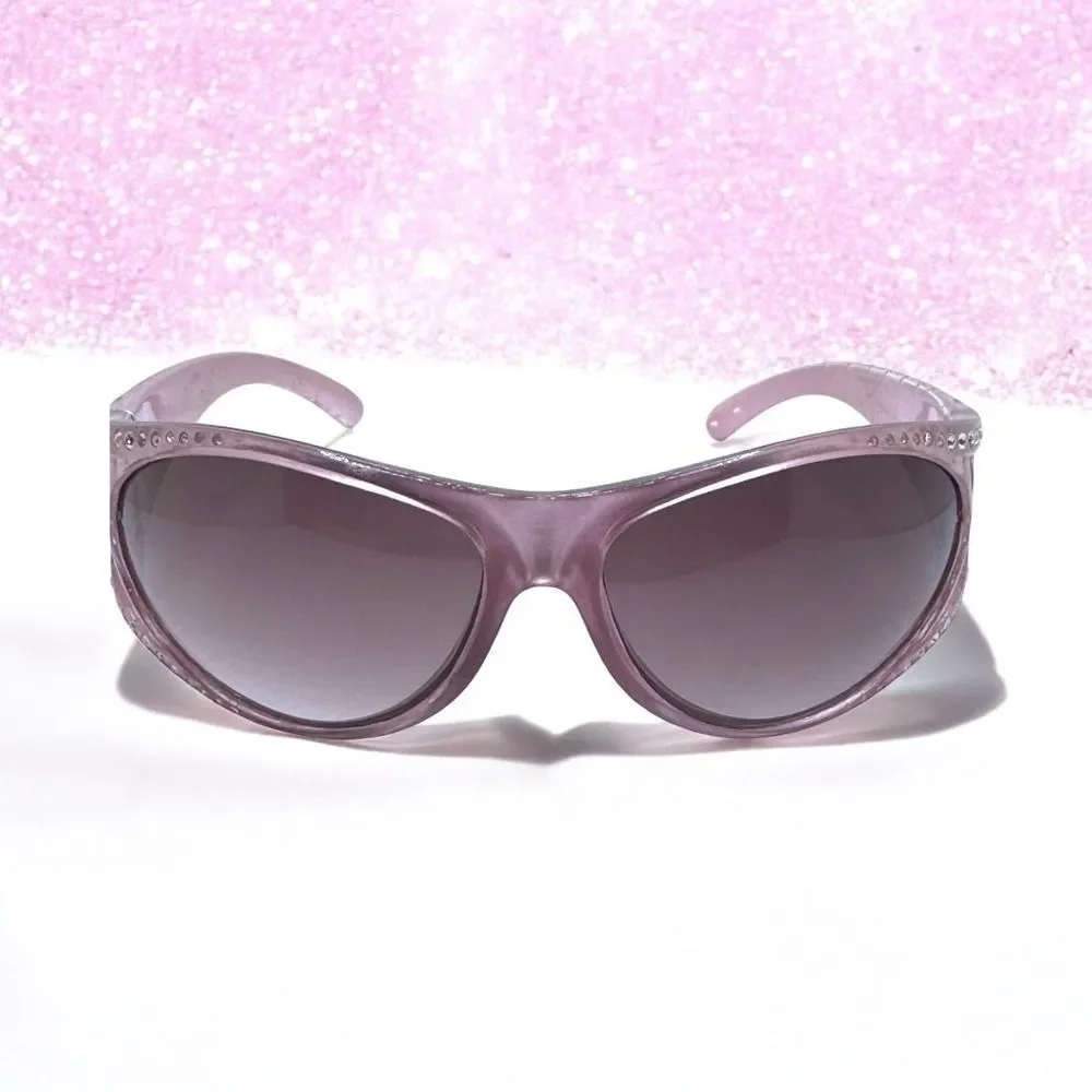 Elegant Pink Wrap Sunglasses with Rhinestone Trim and Croc Molded Arms